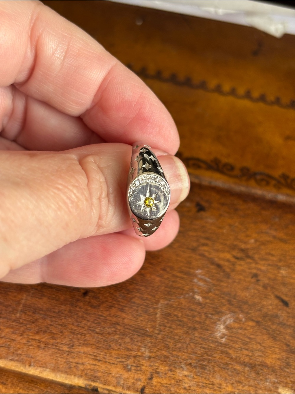 Sterling Silver Starburst Signet Ring with Yellow Gem